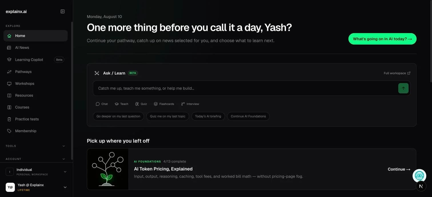 explainx.ai personalized dashboard — pick up where you left off, daily picks, and progress