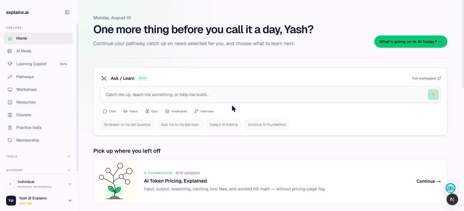 explainx.ai personalized dashboard — pick up where you left off, daily picks, and progress