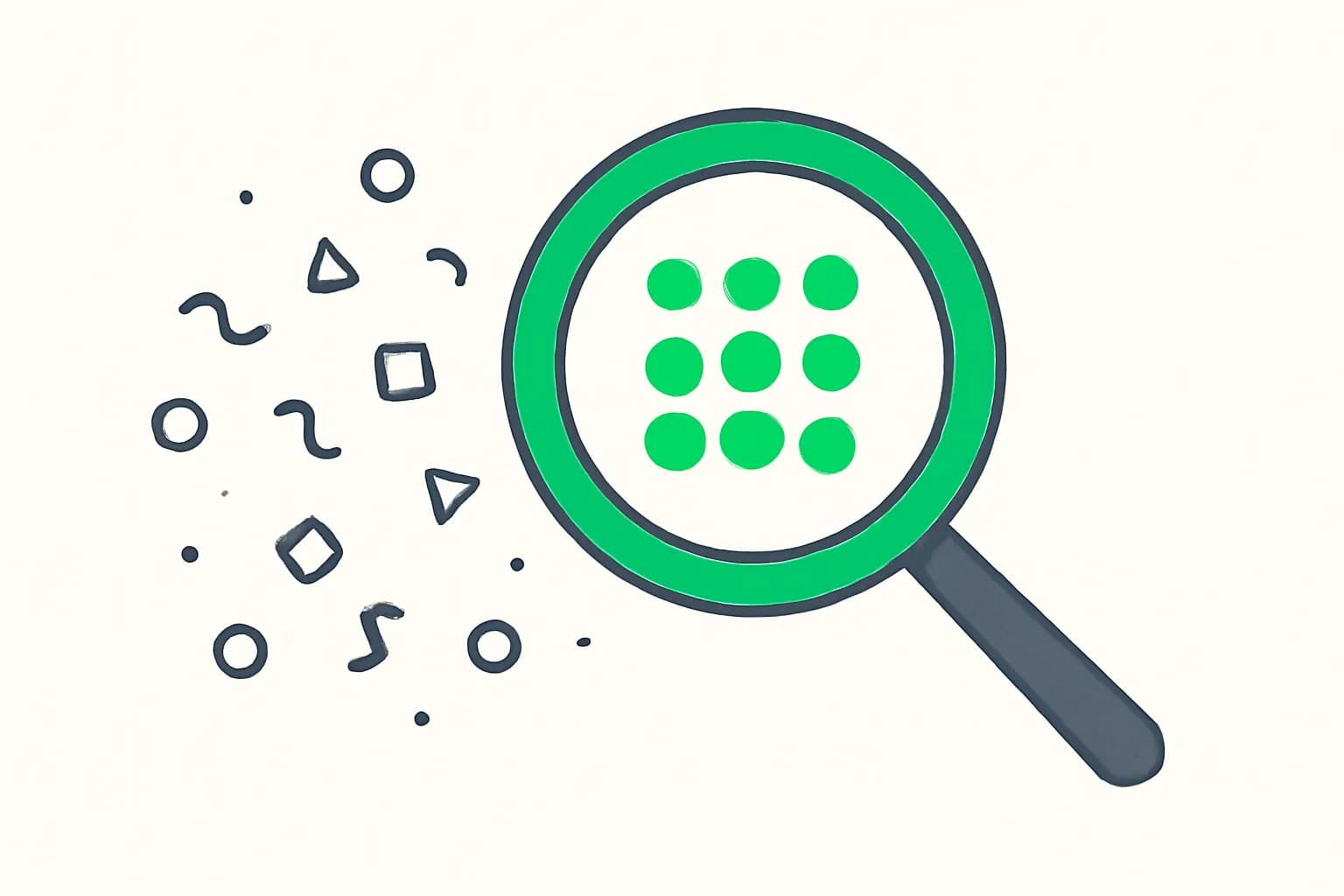 Illustration of a magnifying glass resolving scattered shapes into a clear pattern, representing AI research methods for nonprofits