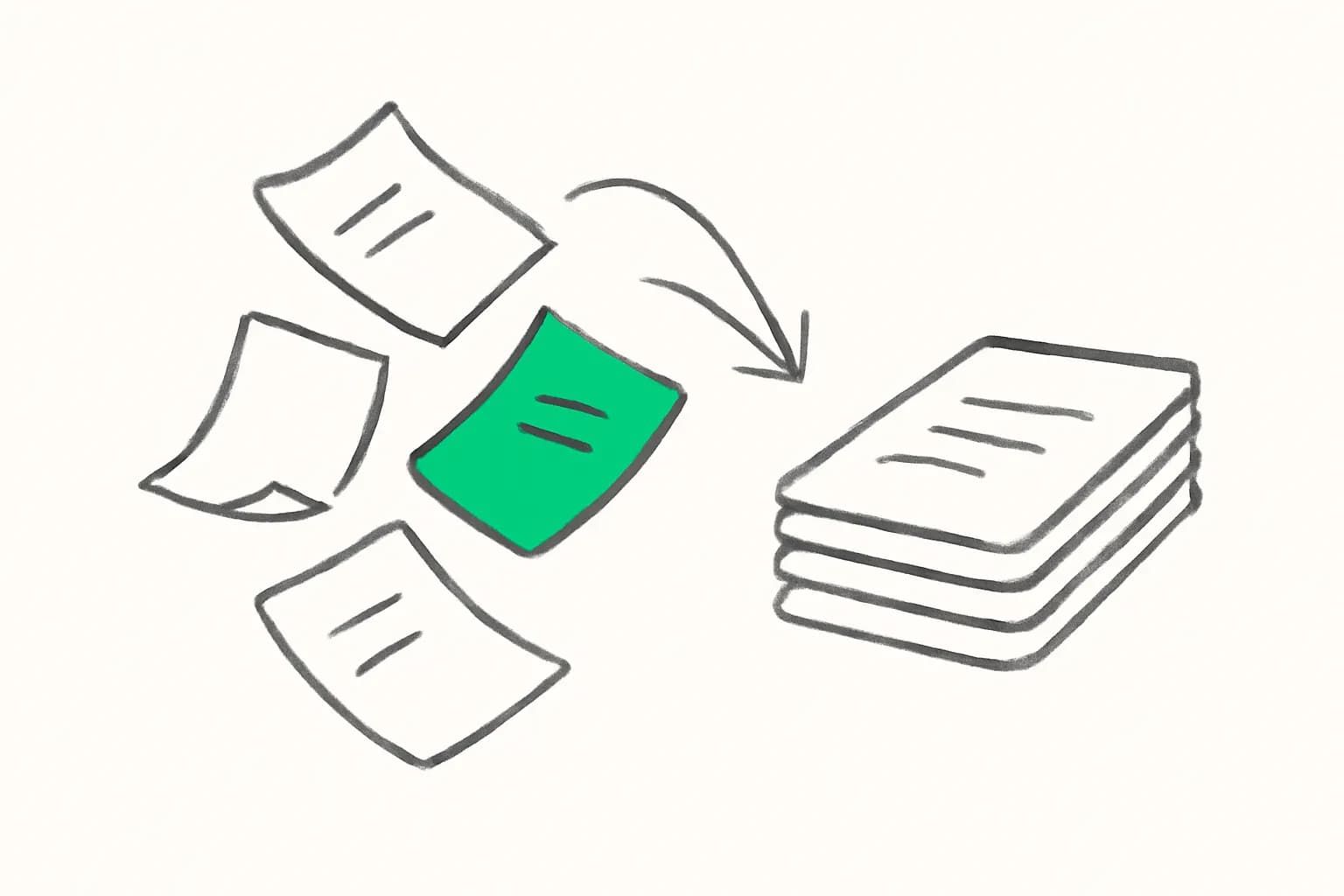 Illustration of scattered documents converging into an organised structured stack, representing repeatable work with Claude