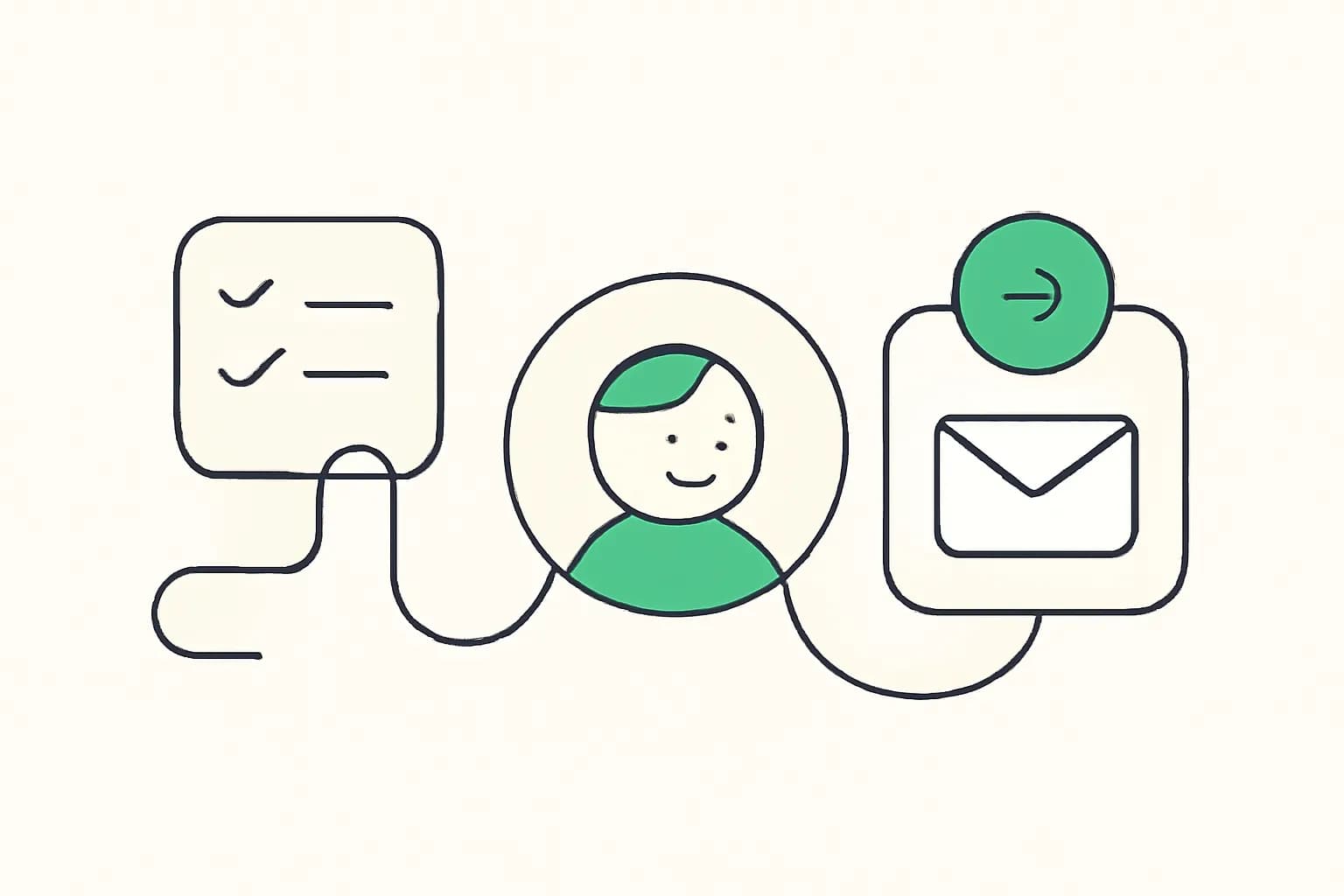 Illustration of connected document, spreadsheet and message shapes sharing a common thread, representing Copilot across Microsoft 365