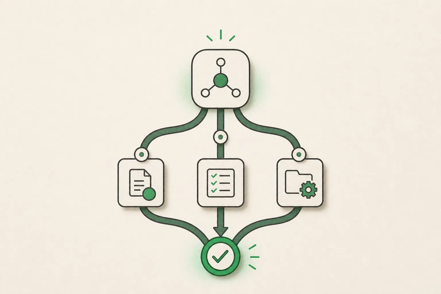 Illustrated agent coordinating task cards toward a completed outcome