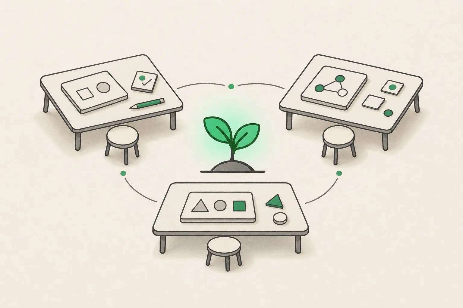 Illustrated project tables connected around a shared idea