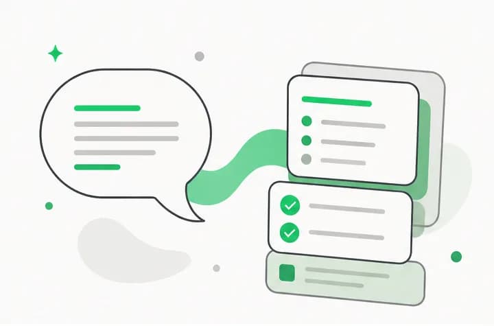 Illustration of a speech bubble becoming structured prompt cards for text prompt templates