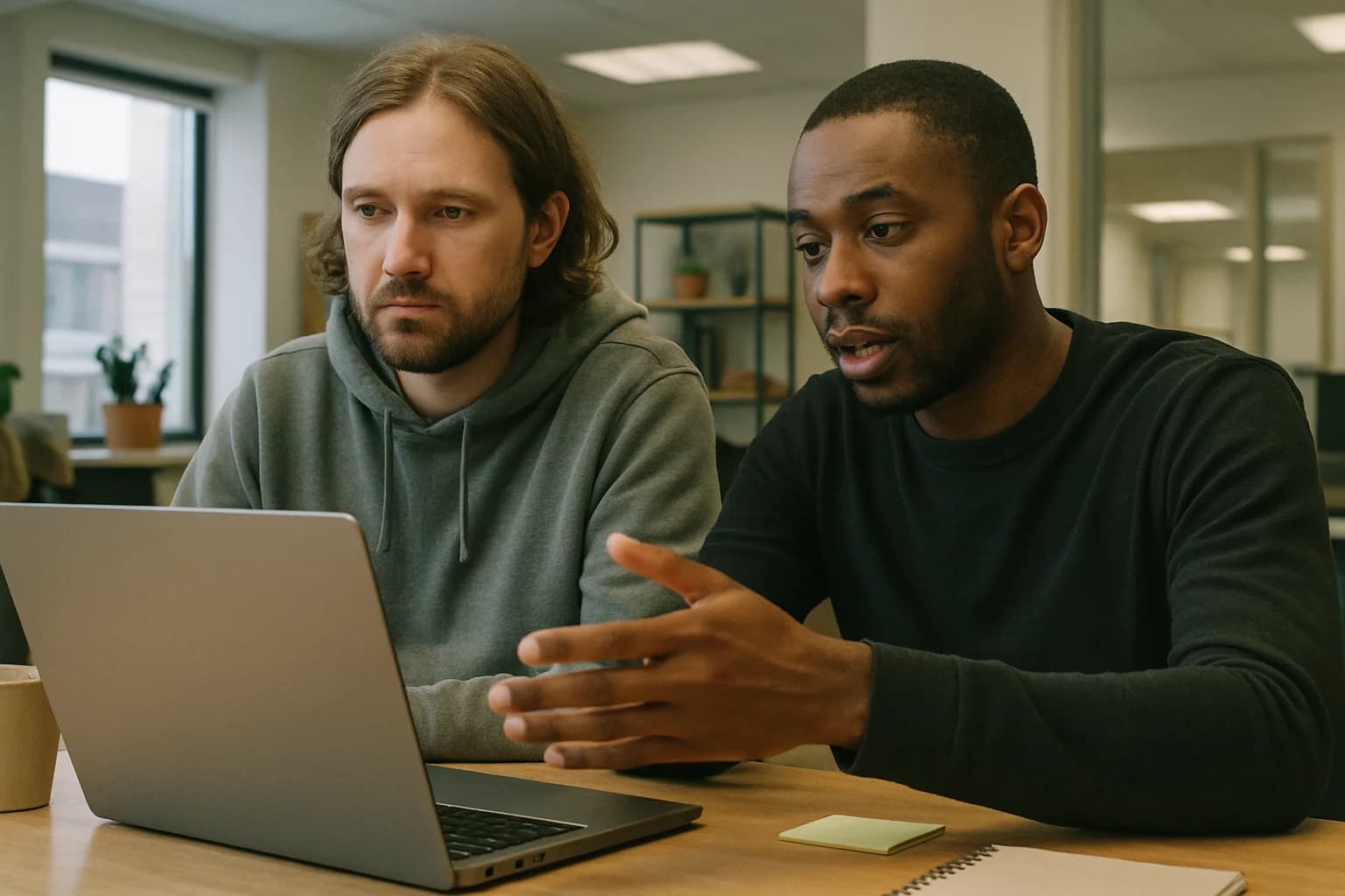 Two coworkers reviewing an AI workflow together on a laptop