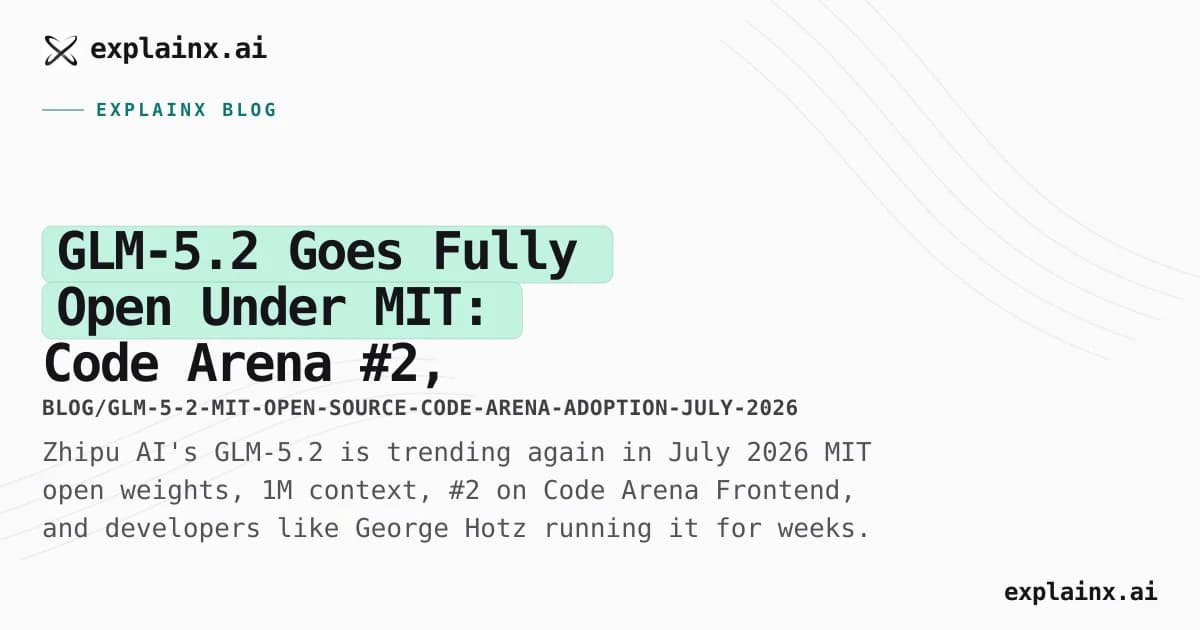 GLM-5.2 Goes Fully Open Under MIT: Code Arena #2, George Hotz's Daily Driver, and the Multi-Model Stack