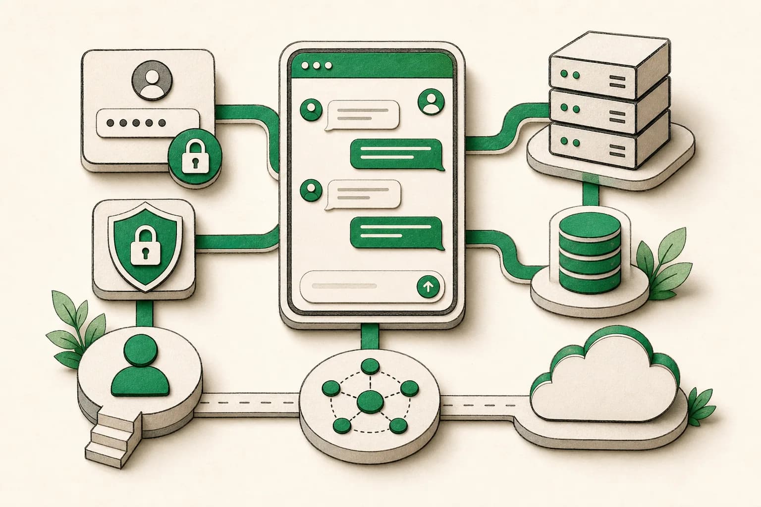 Editorial illustration of a complete authenticated AI chat application
