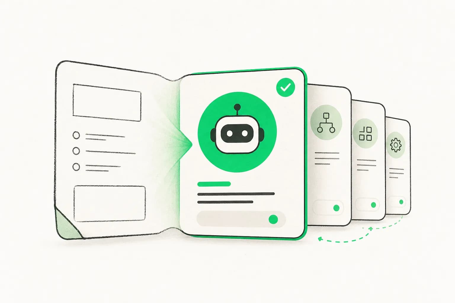 Editorial illustration of layered instruction cards becoming a reusable agent skill