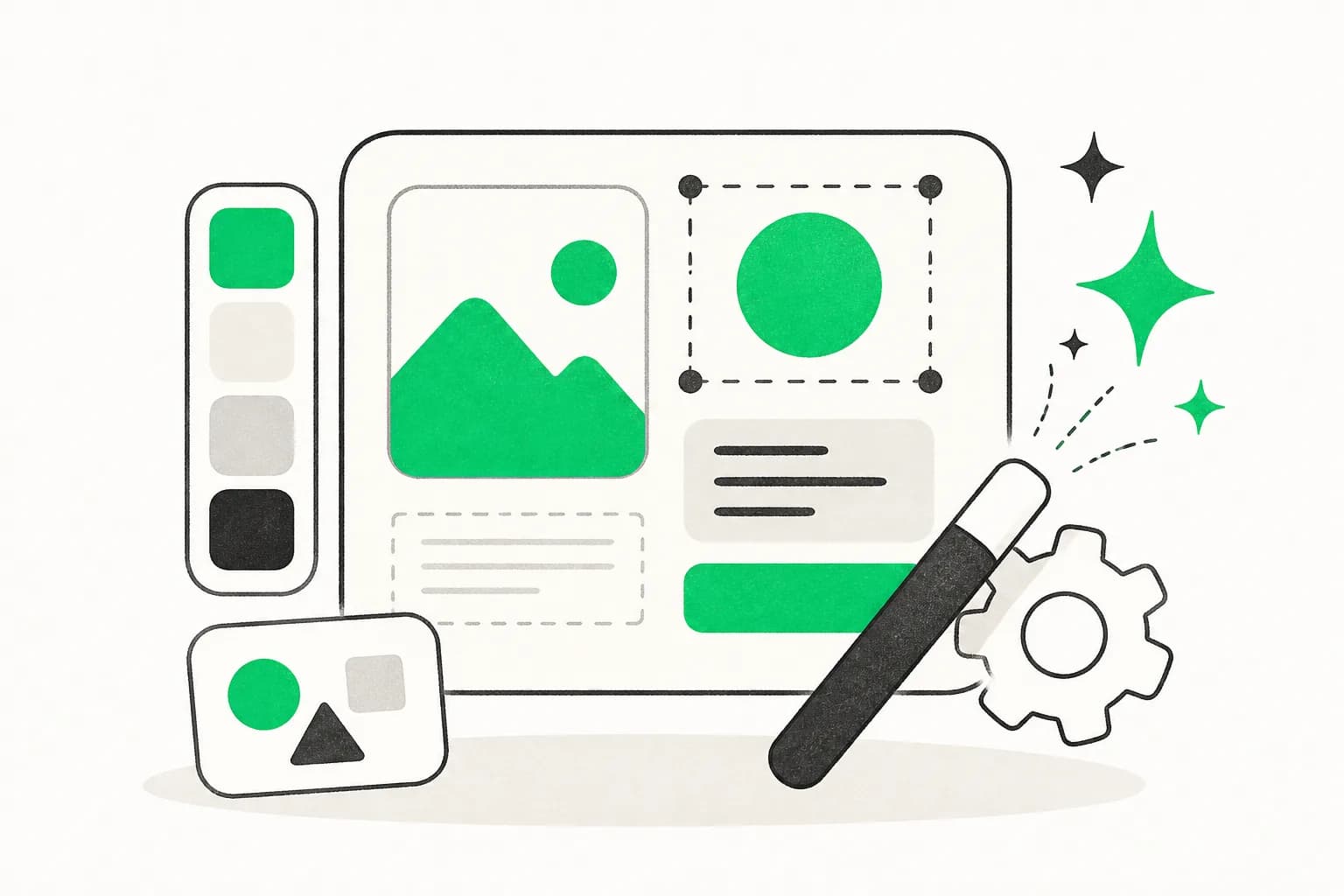 Editorial illustration of a design canvas being assembled with a tool