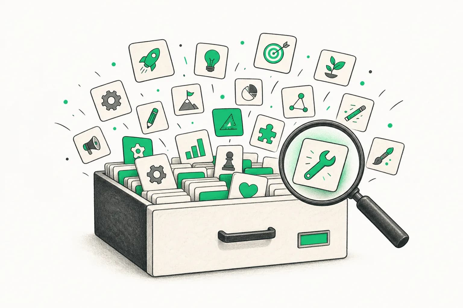Editorial illustration of a large skill catalog being searched for useful tools