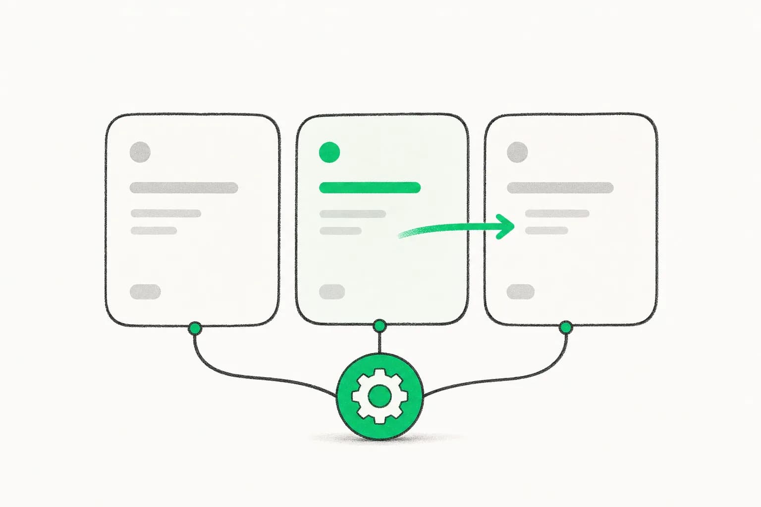 Editorial illustration of task cards moving through an automated workflow