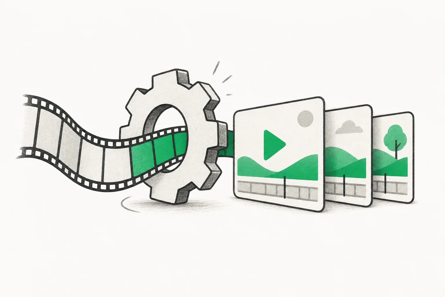 Editorial illustration of a film strip passing through an editing gear