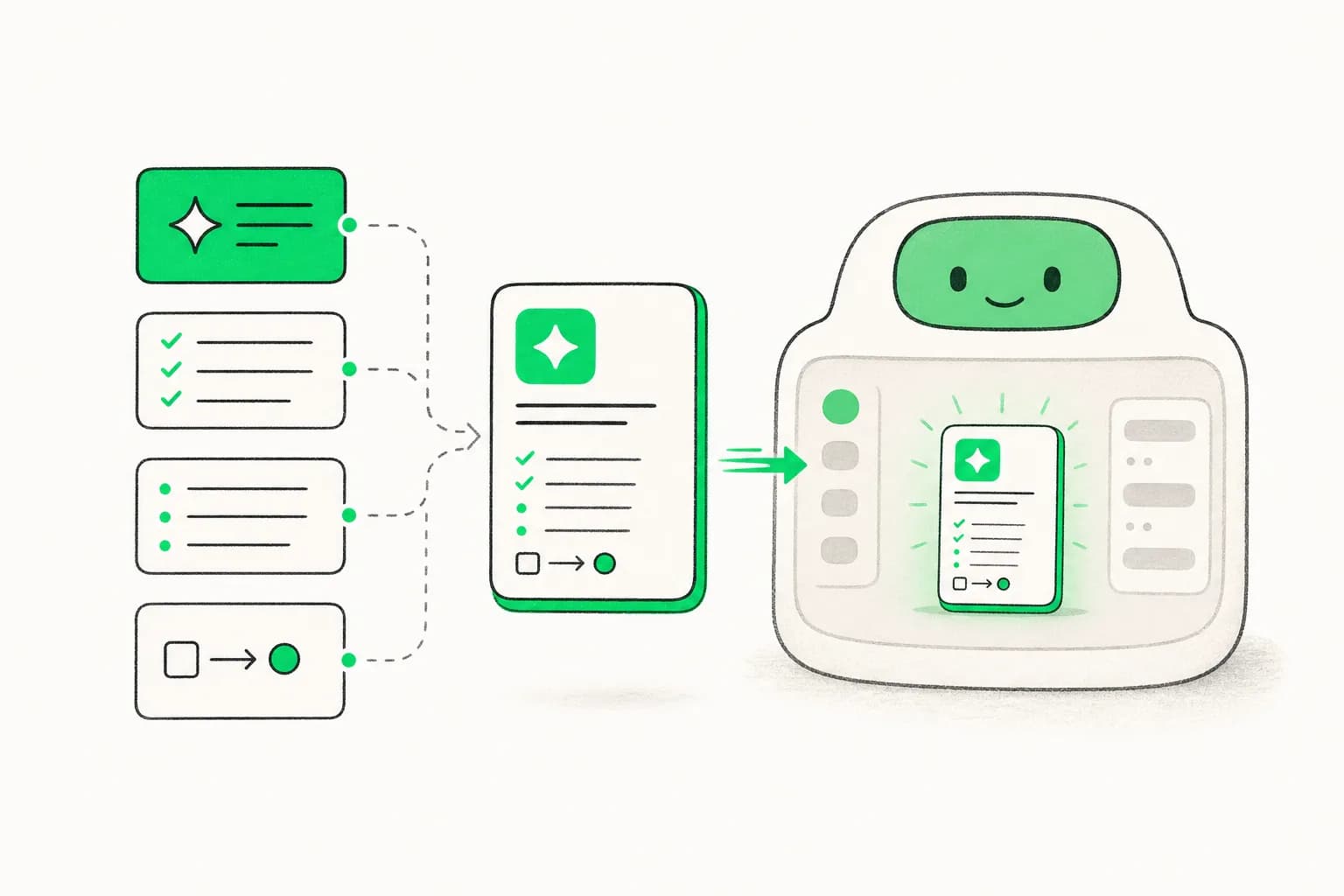 Editorial illustration of instruction layers becoming a loaded agent skill
