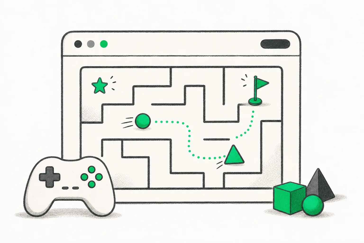 Editorial illustration of a playful maze game inside a browser window