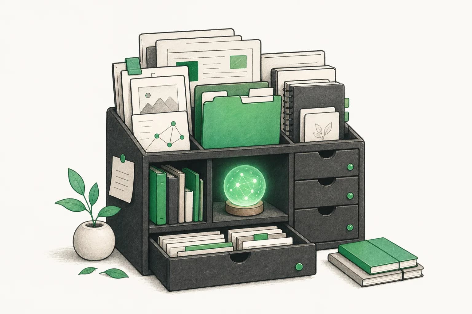 Editorial illustration of an organized personal knowledge cabinet