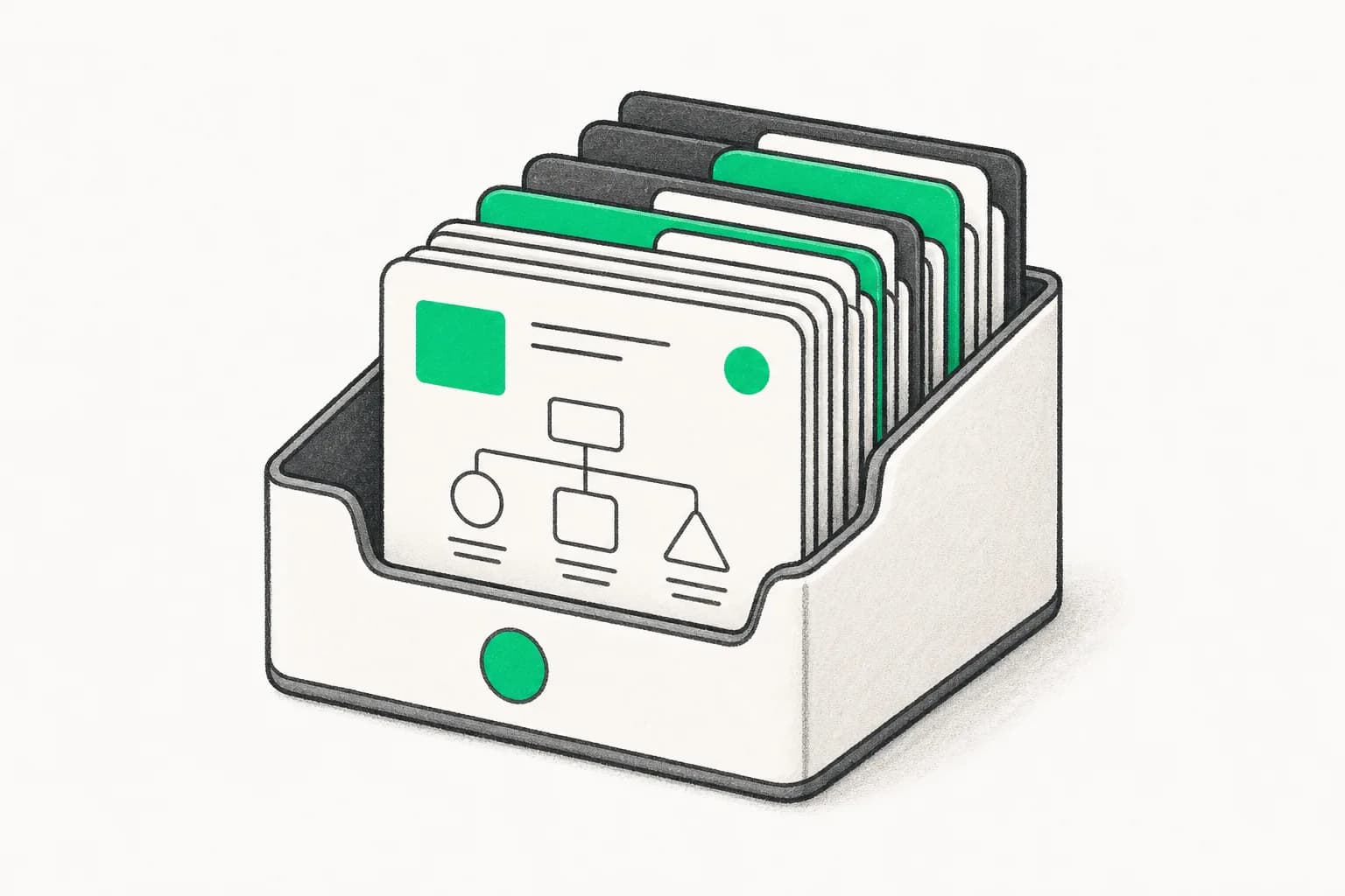 Editorial illustration of reusable prompt template cards in a shared library