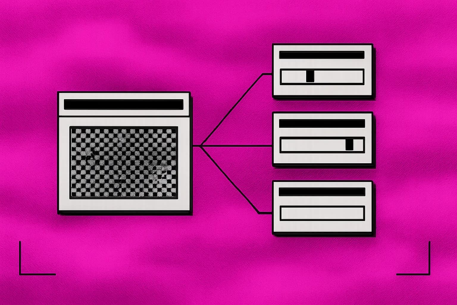 Retro desktop window fanning one ticket out into several typed decisions