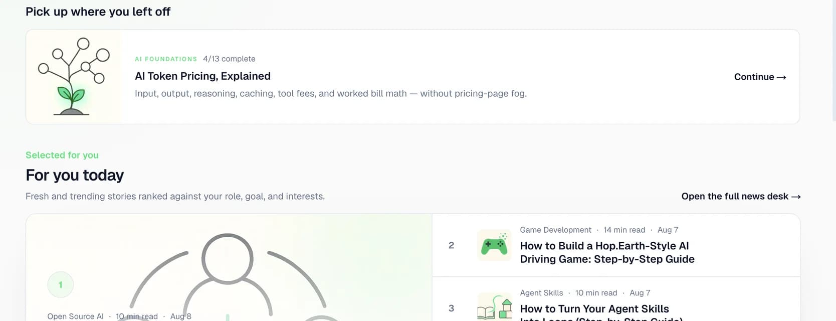 explainx.ai personalized dashboard — pick up where you left off, daily picks, and progress