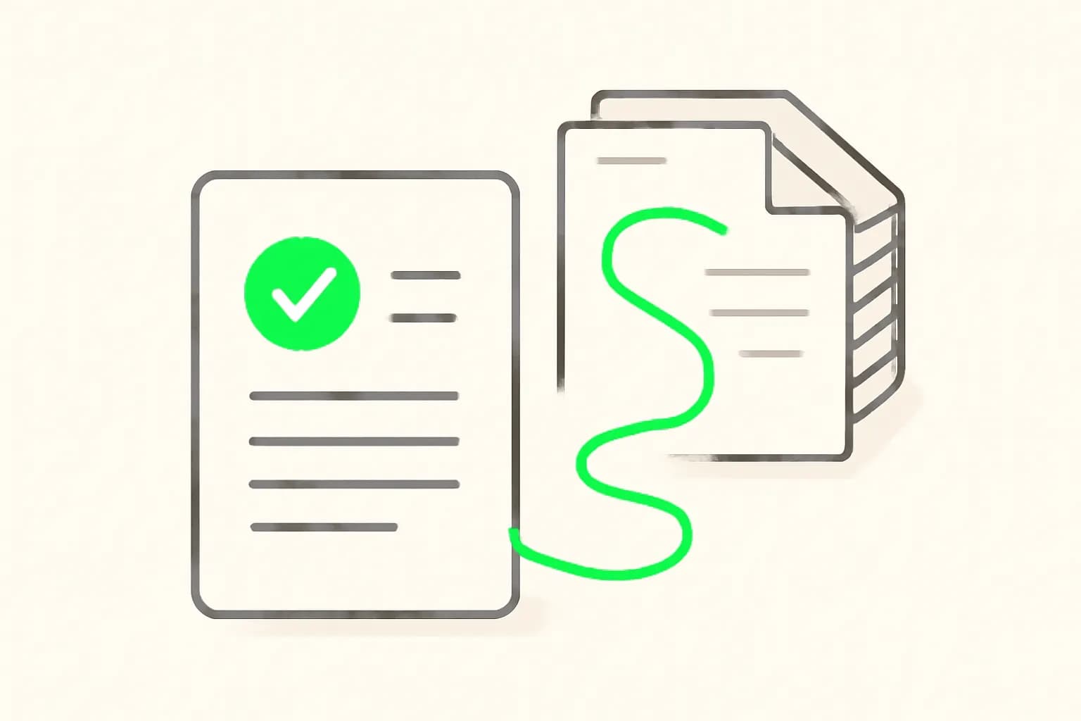 Illustration of a document with a thread tracing back to a source archive, representing citation-traceable retrieval for legal teams