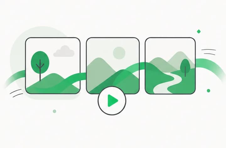 Illustration of storyboard frames linked by motion for video prompt templates