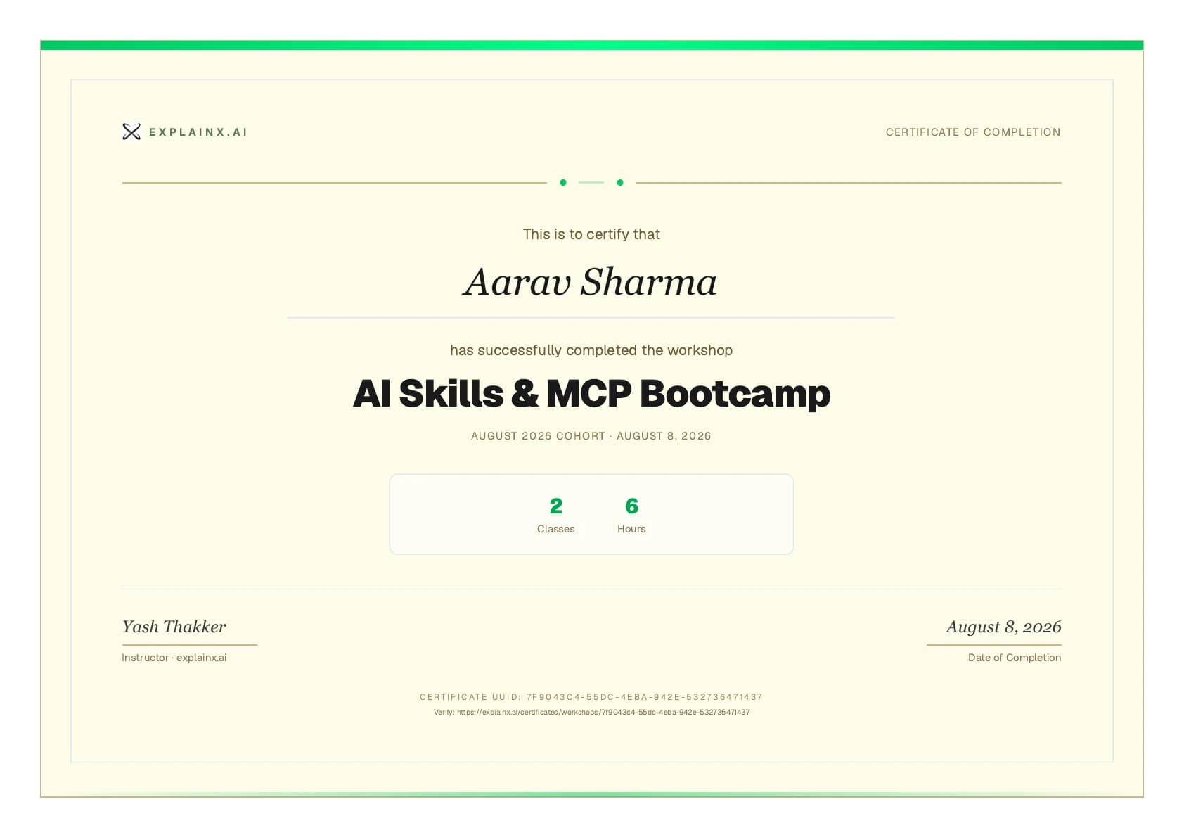Sample explainx.ai certificate of completion for the AI Skills and MCP Bootcamp