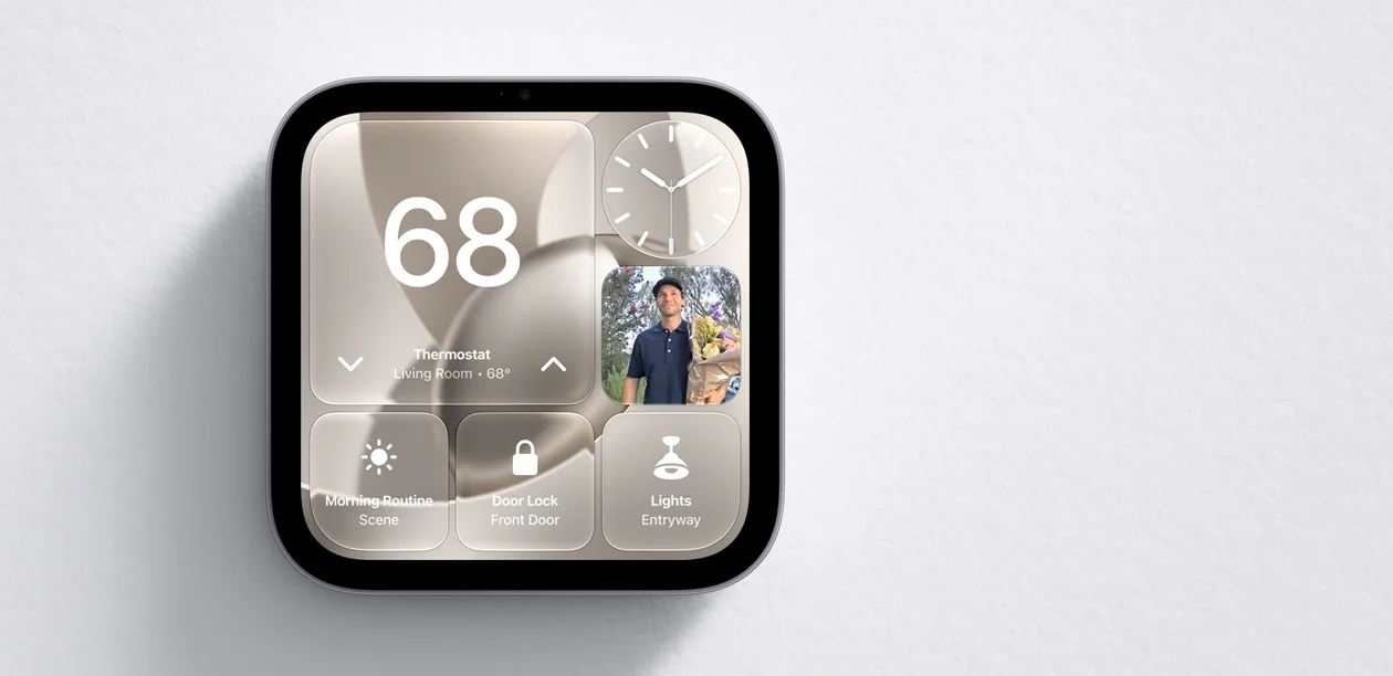 Apple HomeView smart home dashboard showing thermostat, door lock and camera feed controlled by Siri AI