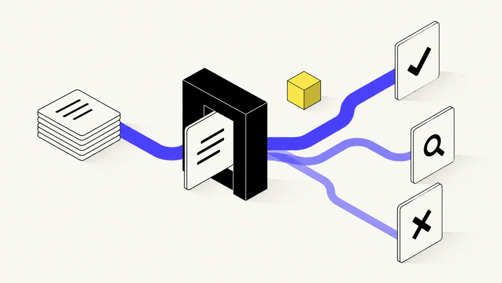 Grep AI Decision Outputs illustration: research documents passing a decision gate into approve, review and decline