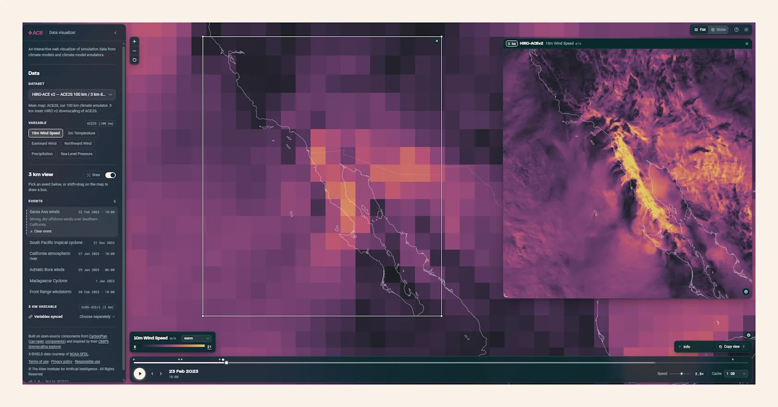 HiRO-ACEv2 extreme weather emulator 3 km wind inset over Baja California versus 100 km ACE2