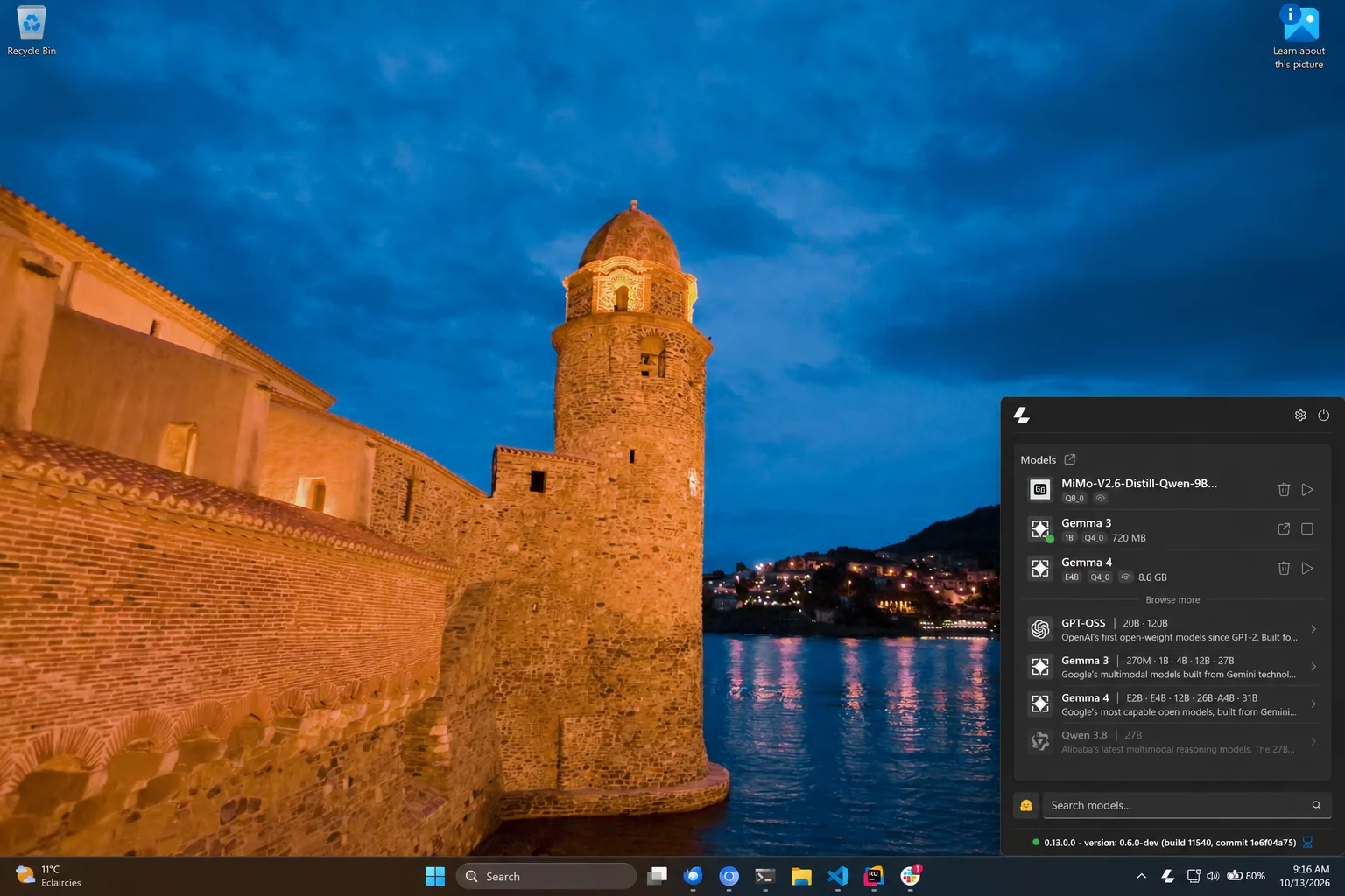 Llama Windows app tray flyout listing recommended models for local llama.cpp on Windows 11