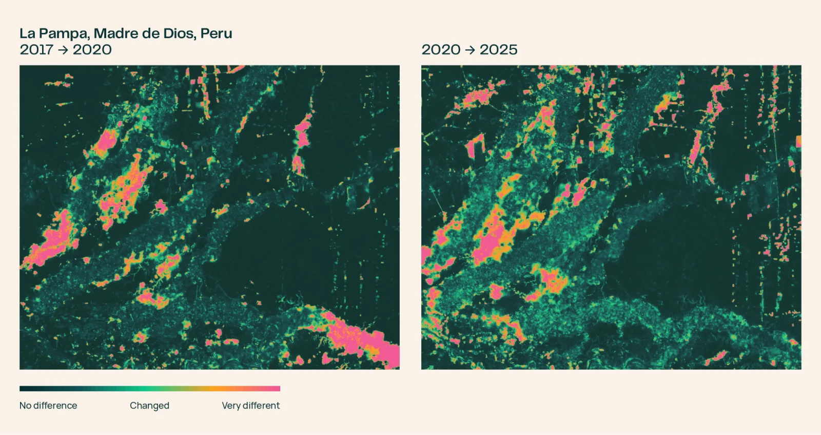OlmoEarth satellite embeddings change maps of La Pampa, Peru, 2017 to 2020 and 2020 to 2025