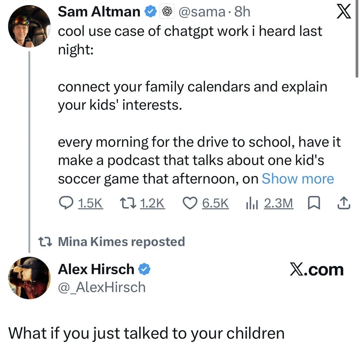 Sam Altman AI family podcast post and Alex Hirsch reply asking parents to talk to their children