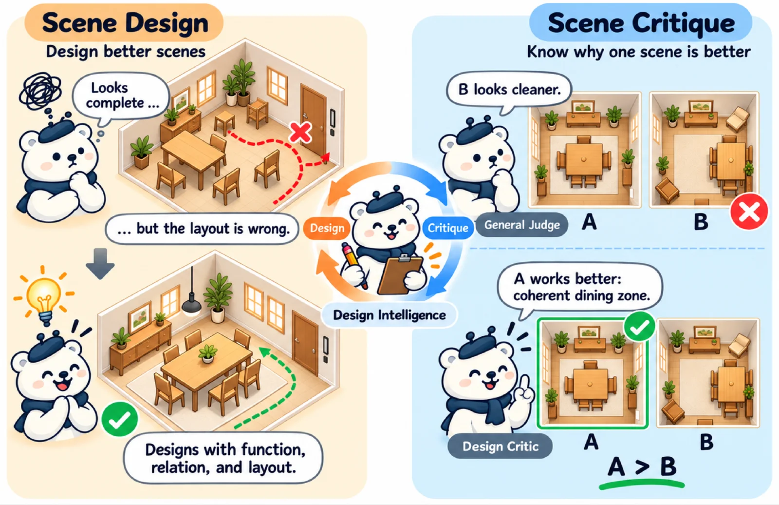 Scene-Designer design intelligence overview: scene design and scene critique as two complementary abilities