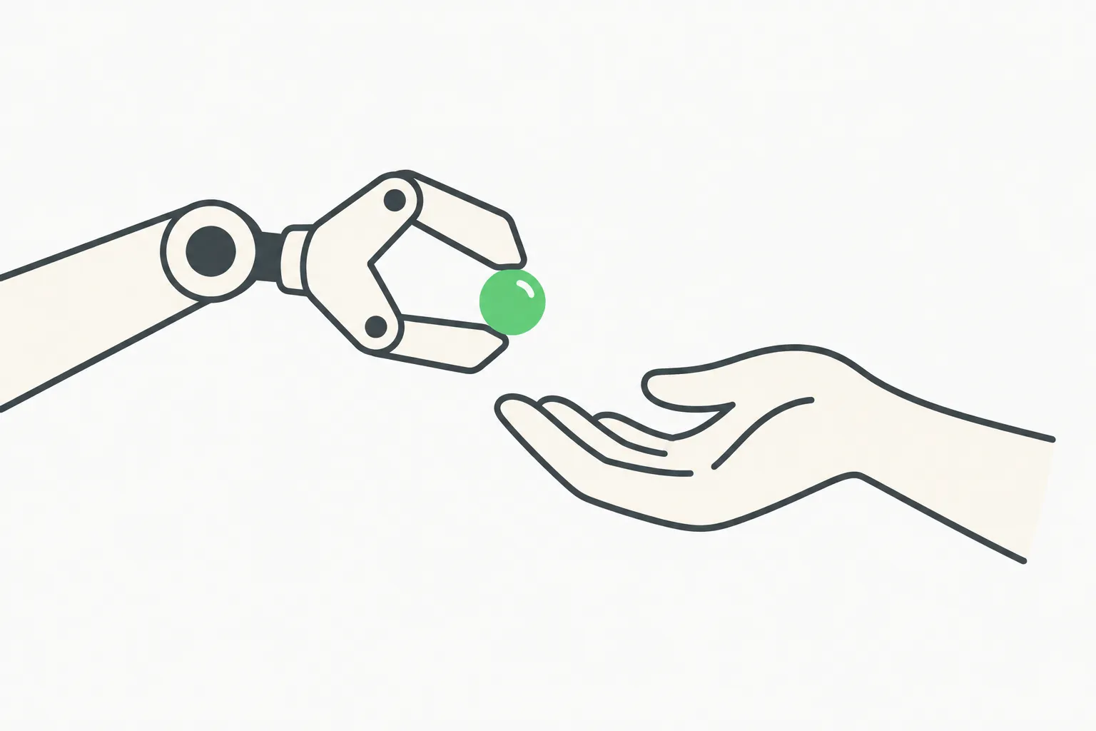 A cream mechanical gripper offering a green bead to a human hand, illustrating an agent asking a person to confirm an action