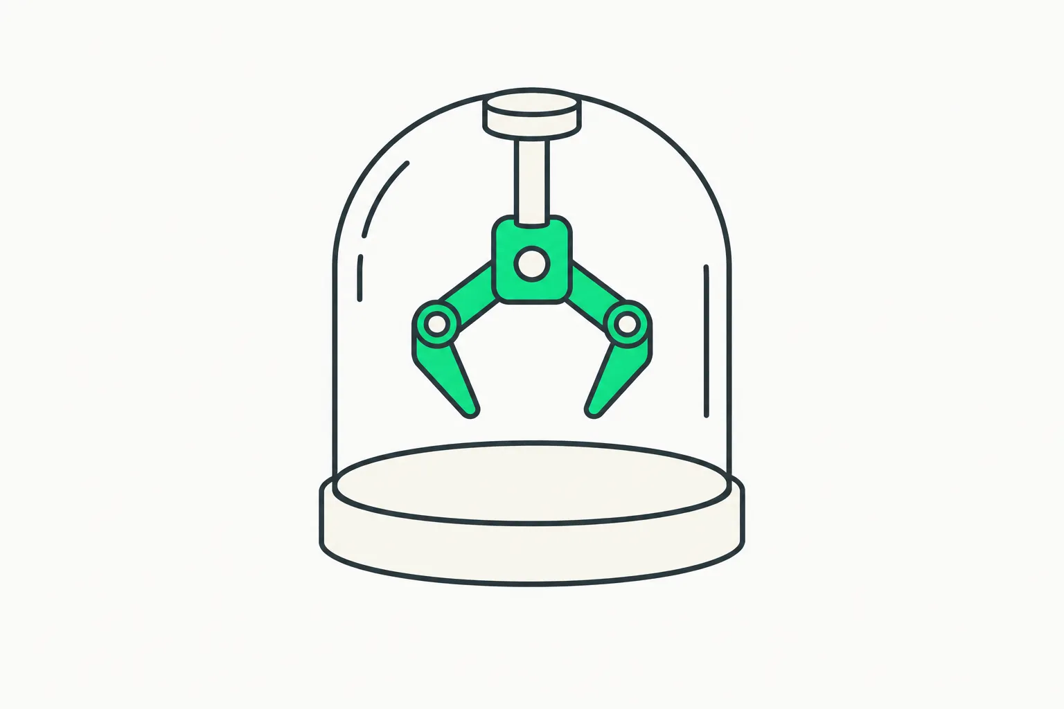 Robotic gripper inside a glass dome, illustrating agent-generated robot description and simulation files in text-to-cad
