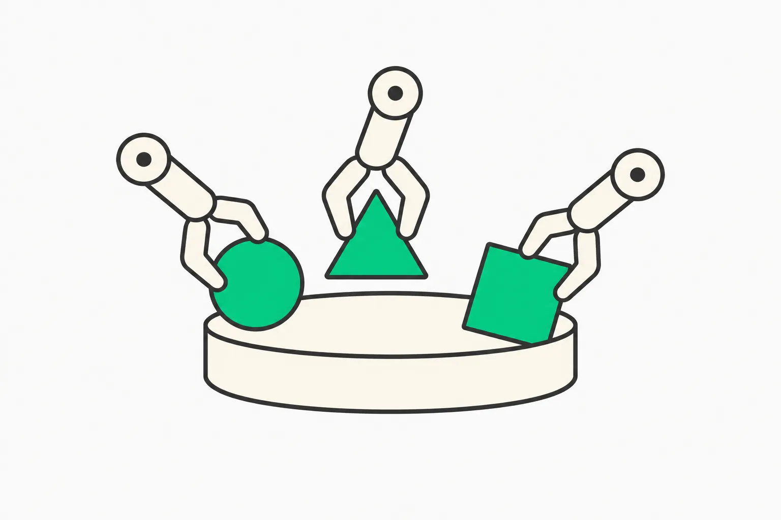 Three robotic grippers placing different shapes into one shared tray, a picture of agents sharing one workspace