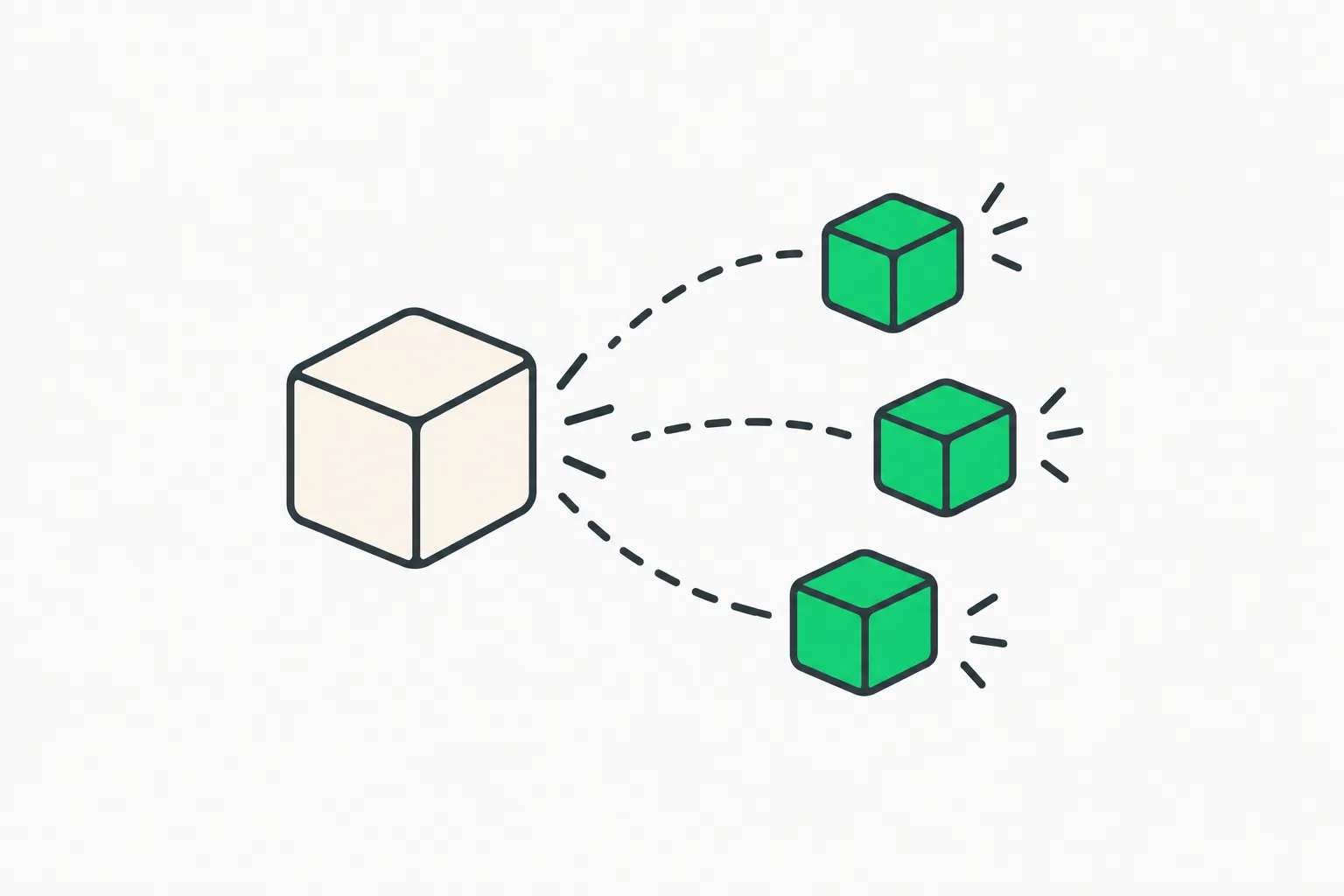A large cream block separating into three smaller green blocks, illustrating many agents splitting a biology dataset in parallel