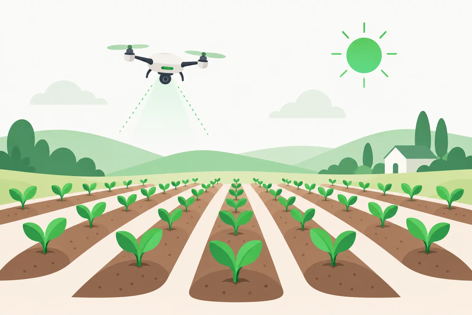 Gemma 4 BOTANIC-1 melon test: rows of crop sprouts in a field with a drone overhead