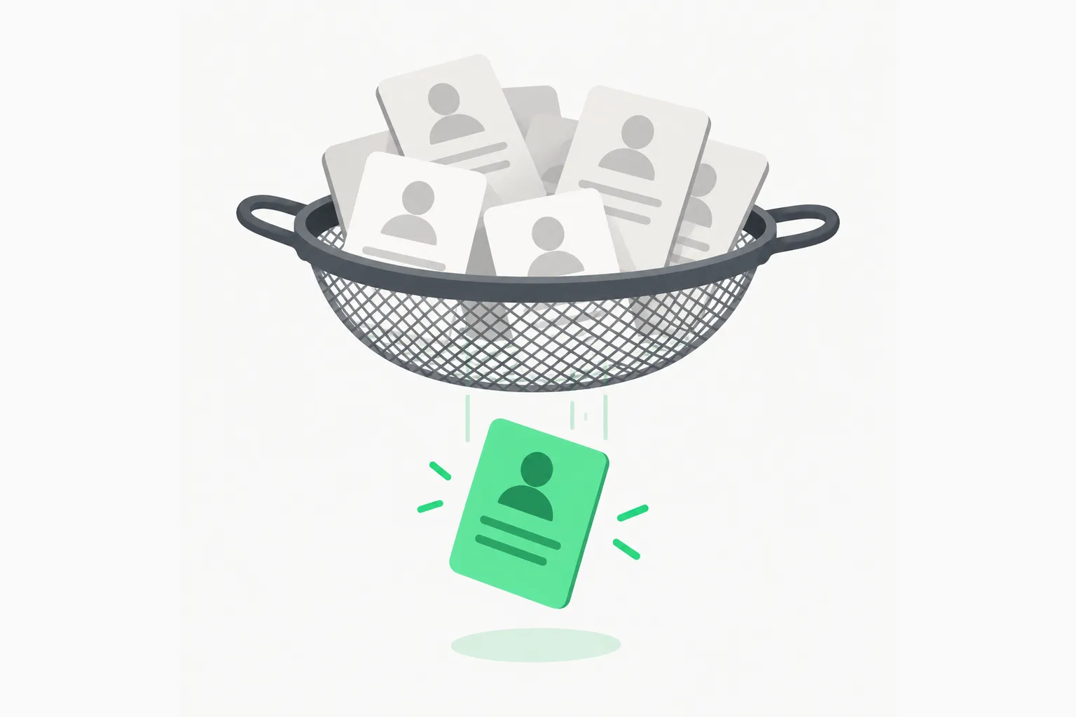 A sieve letting a few cards through, illustrating algorithmic hiring filters