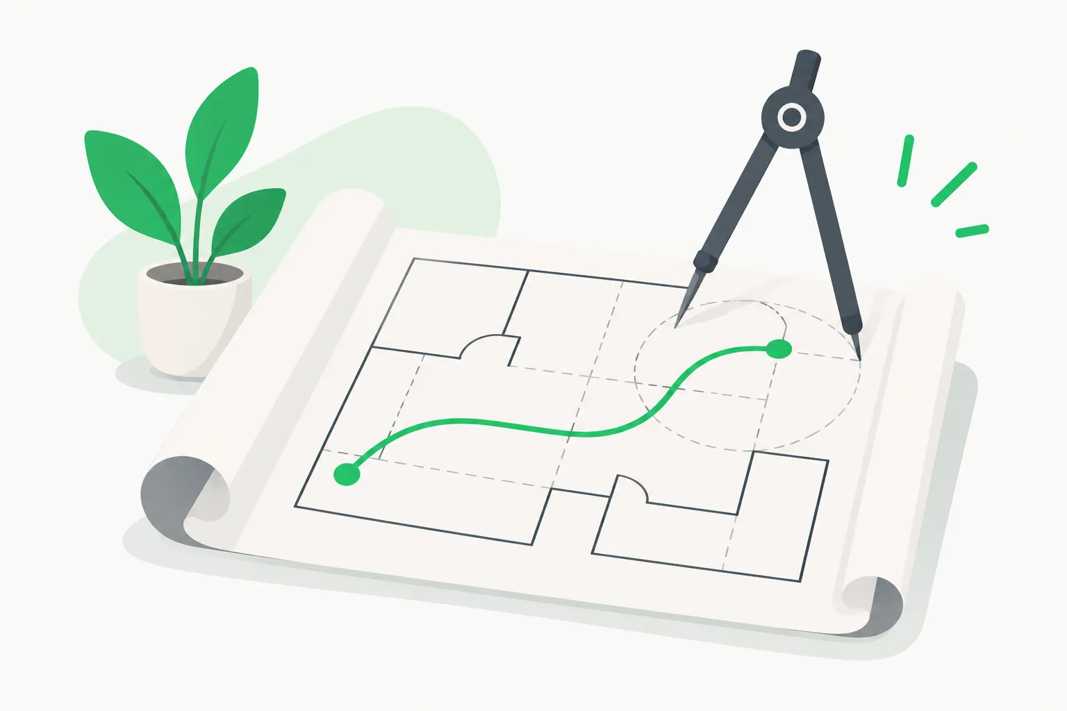 Blueprint with a traced route showing how reverse engineering maps an unknown app's internals