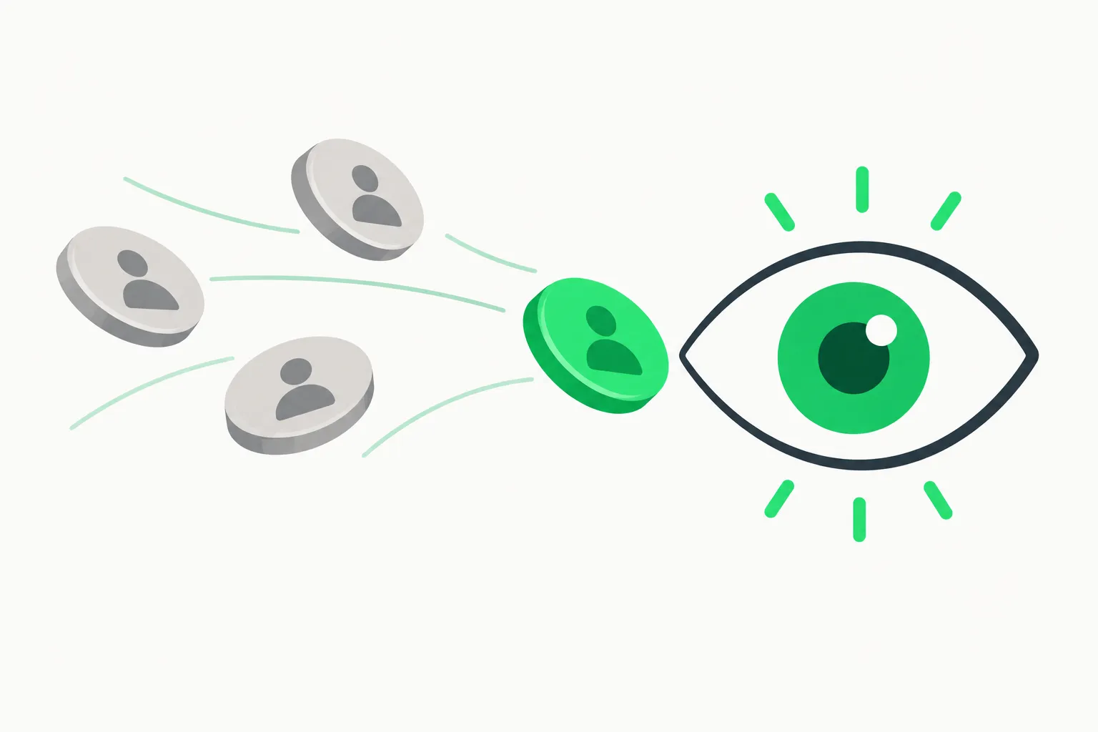 A rounded eye with coins flowing toward it, showing attention as the currency X ranks on