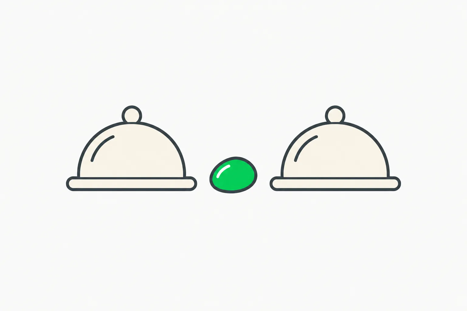 Two identical closed cloches with a green pebble between them, standing for two agents whose quality a user cannot see in AI agent negotiation