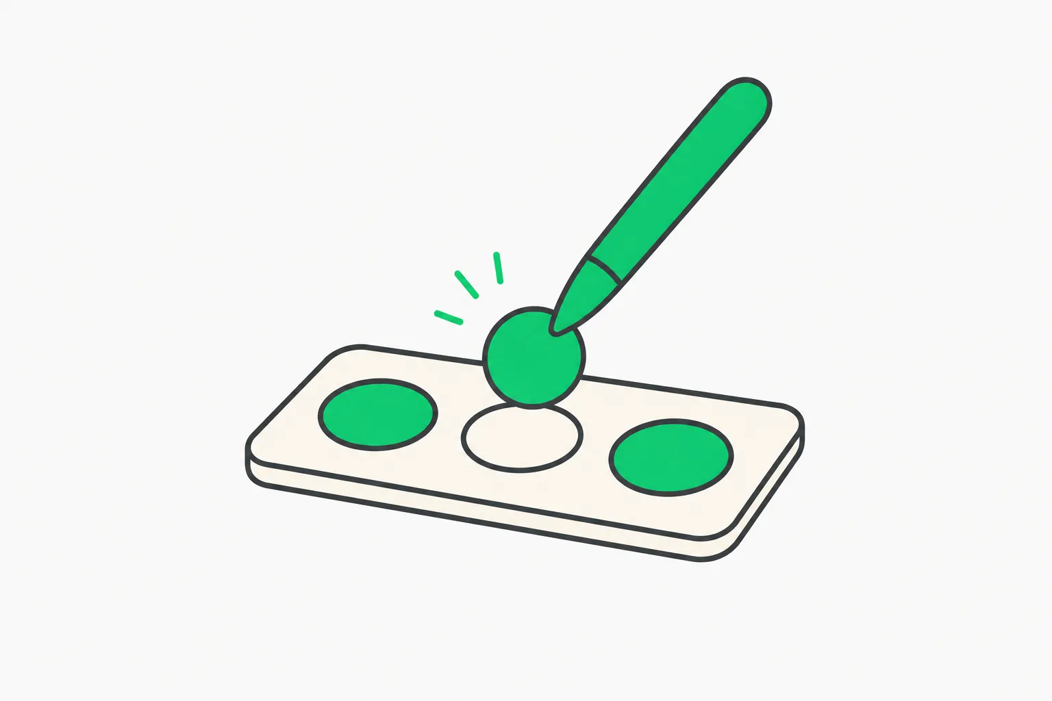 A green stylus placing a bead into a slot, like an agent flipping one switch at a time on a phone settings page