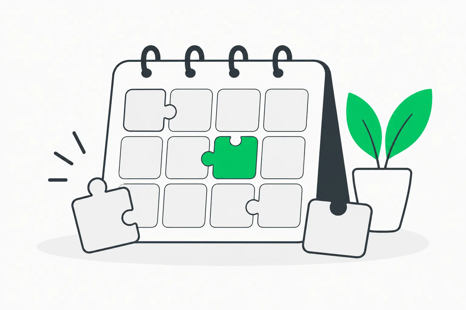 A calendar grid being filled with puzzle pieces, representing the maintenance scheduling task in the Grok 4.7 agent evaluation