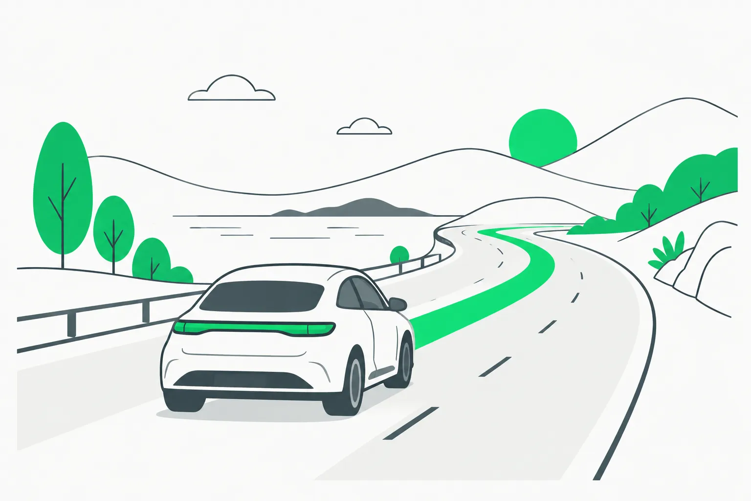 Car on a curving road with a green path ahead, illustrating robotaxi autonomous driving software on Nvidia Alpamayo Stack