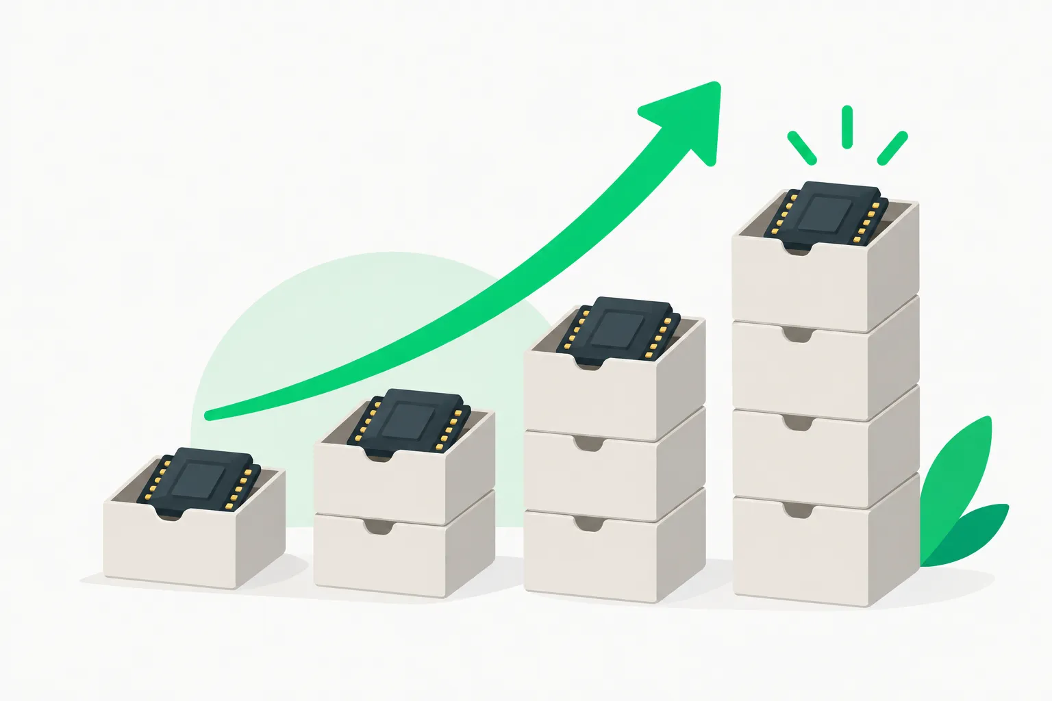 Rising stack of boxed chips illustrating Super Micro Q1 FY2027 AI server revenue above guidance