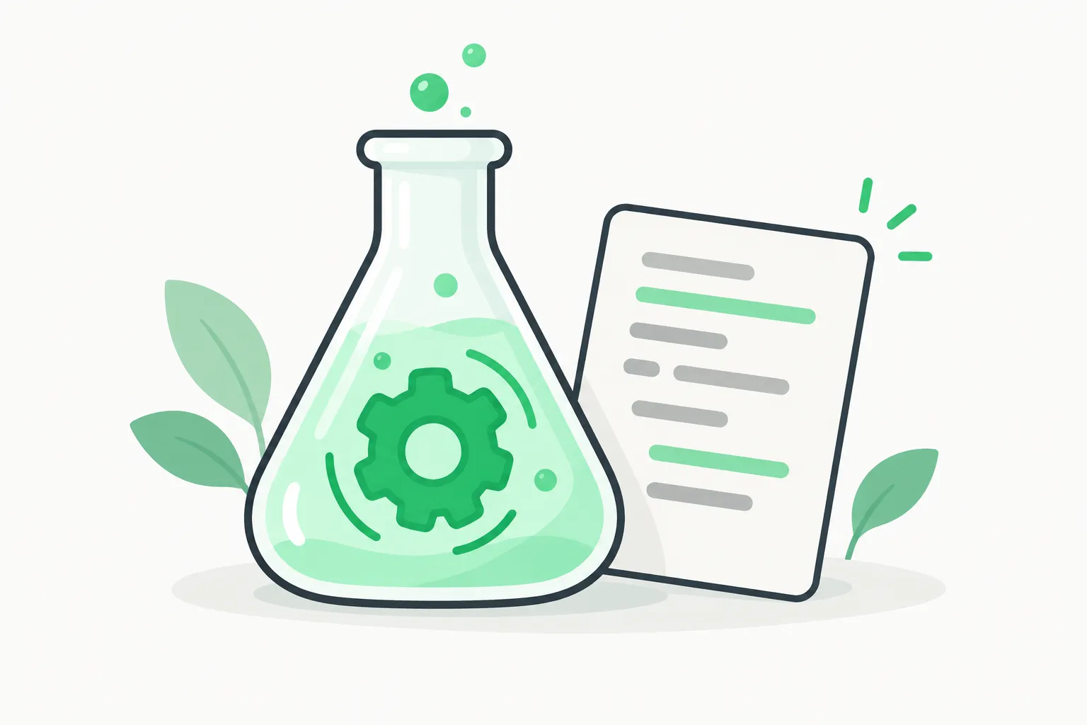 A flask beside a sheet with a spinning gear, illustrating scientific agent skills running a research analysis