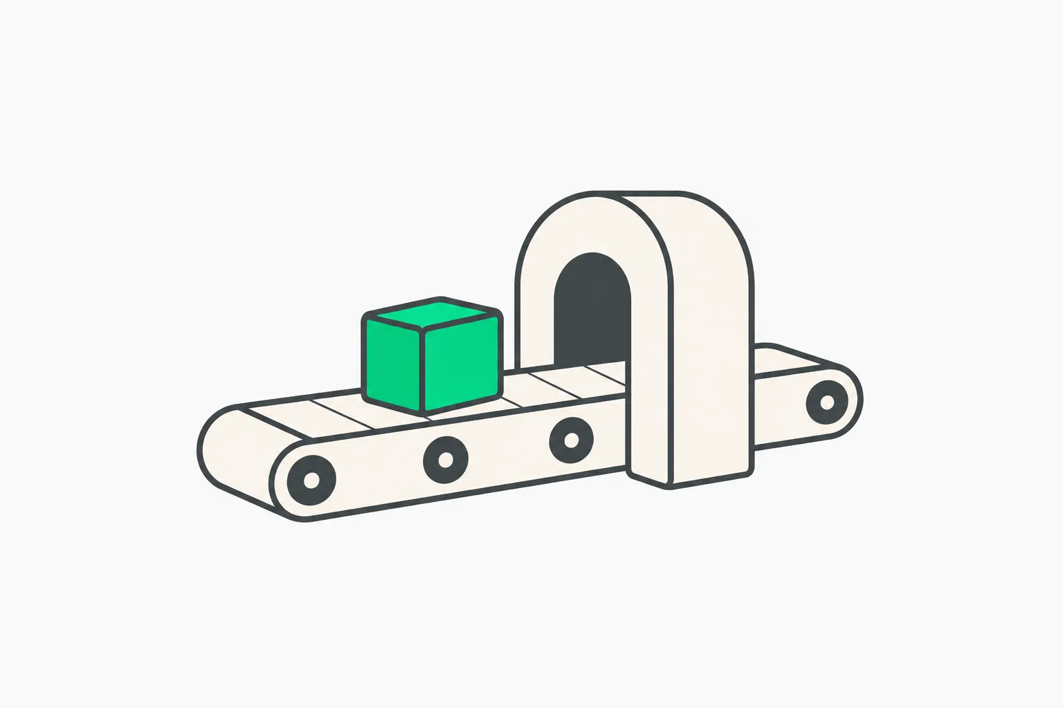 A green block travels along a short cream conveyor through a simple arch.