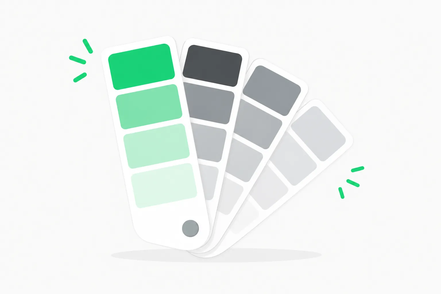 Fan of gray swatches with one green swatch, representing a color system checked by the better-colors skill