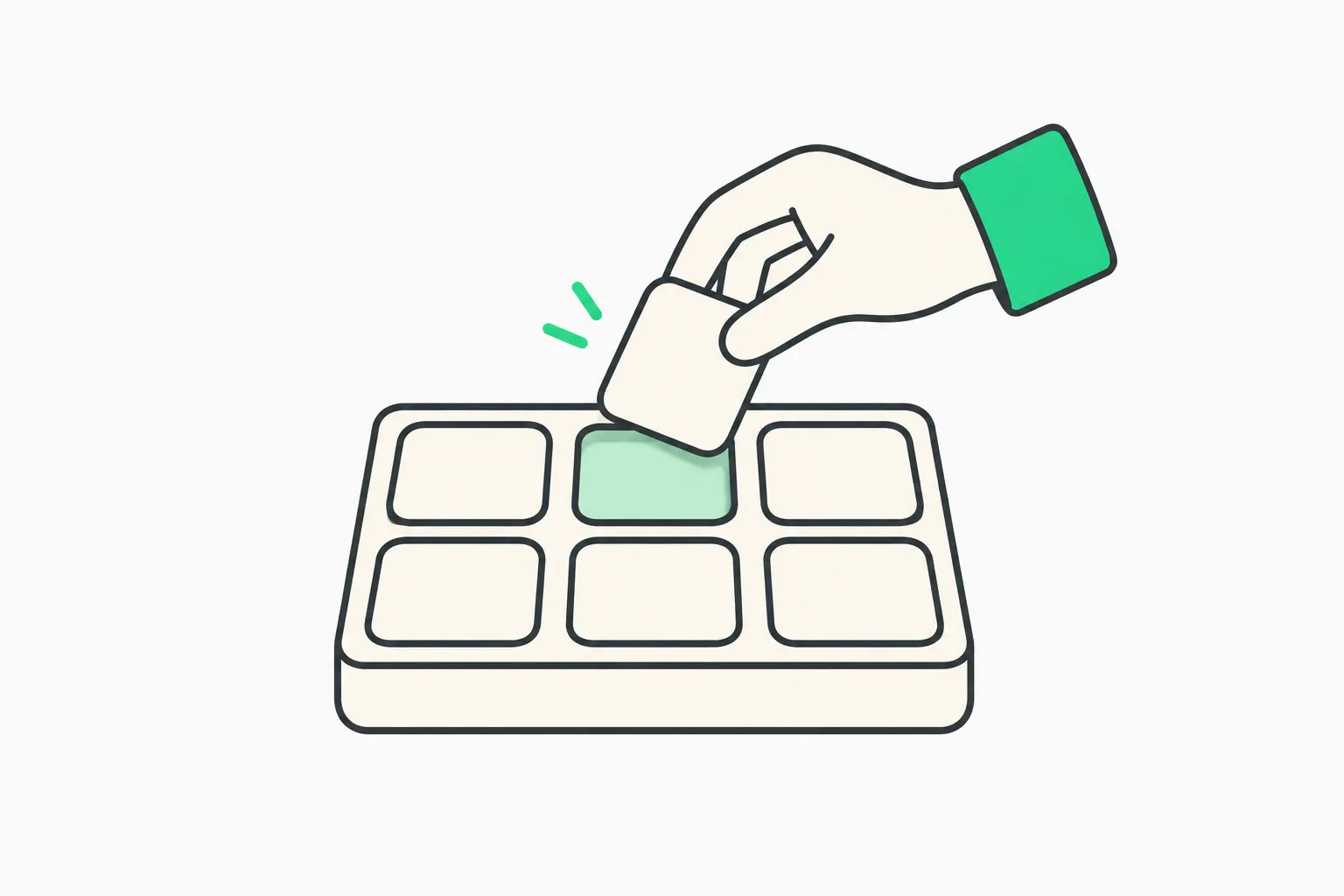 A hand placing a tile into a tray, an image for how a computer-use agent performs GUI actions step by step