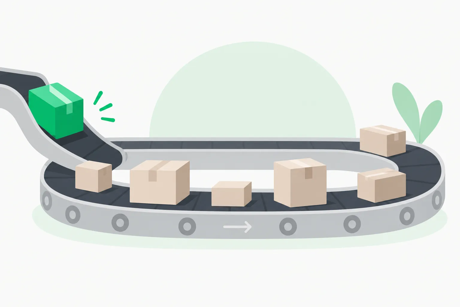 Continuous batching illustrated as a conveyor belt of requests where a new job joins without stopping the line, as in DeepInfer asynchronous scheduling